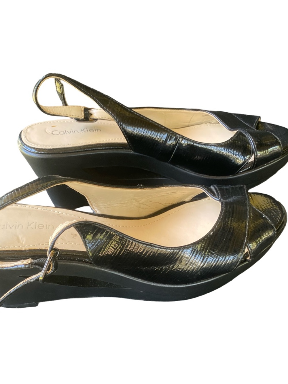 Calvin Klein Black Patent Peep-Toe Slingback Wedge Sandals